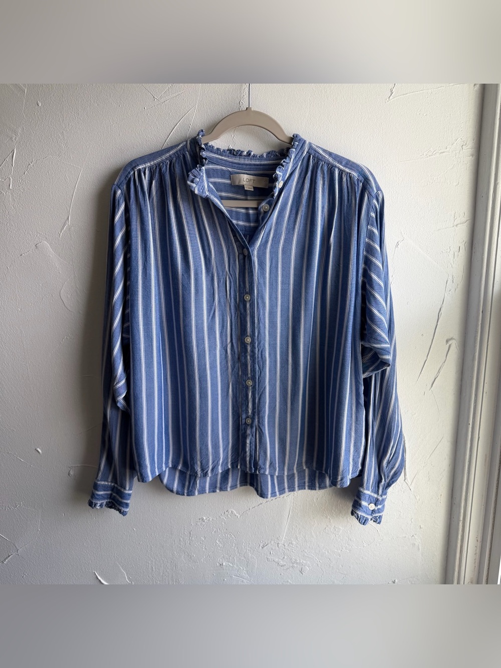 Loft blue and white stripe button down shirt with ruffled collar - Picture 4 of 8